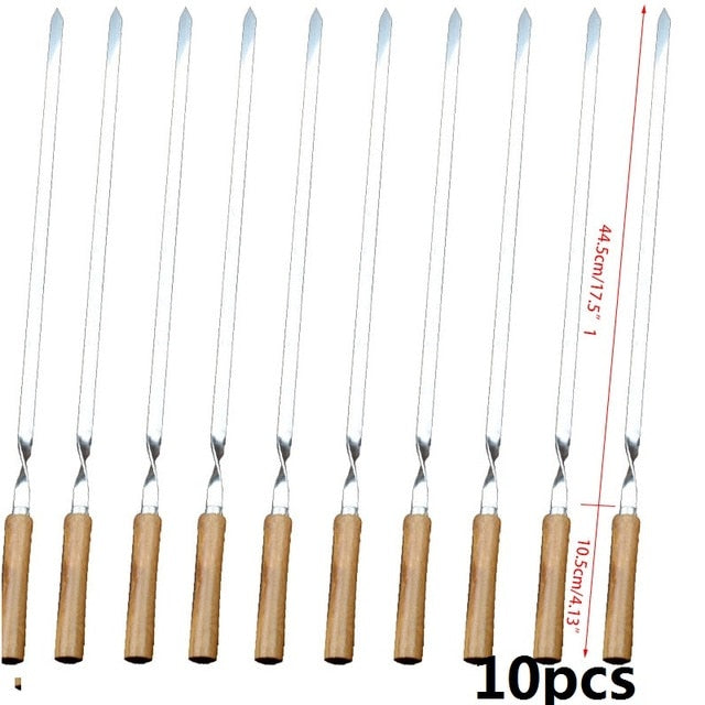 Stainless Steel BBQ Skewers Shish Kebab Barbecue Grill Stick Wood Handle Fork Needle Long Flat Meat Set Camping Tool