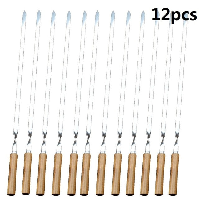 Stainless Steel BBQ Skewers Shish Kebab Barbecue Grill Stick Wood Handle Fork Needle Long Flat Meat Set Camping Tool